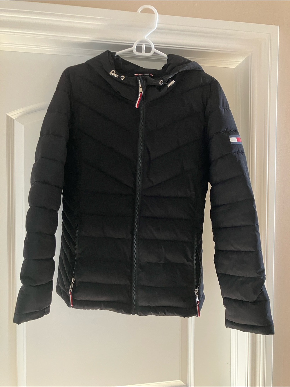 Tommy Hilfiger Black Quilted Hooded Puffer Jacket with Logo Sleeve
